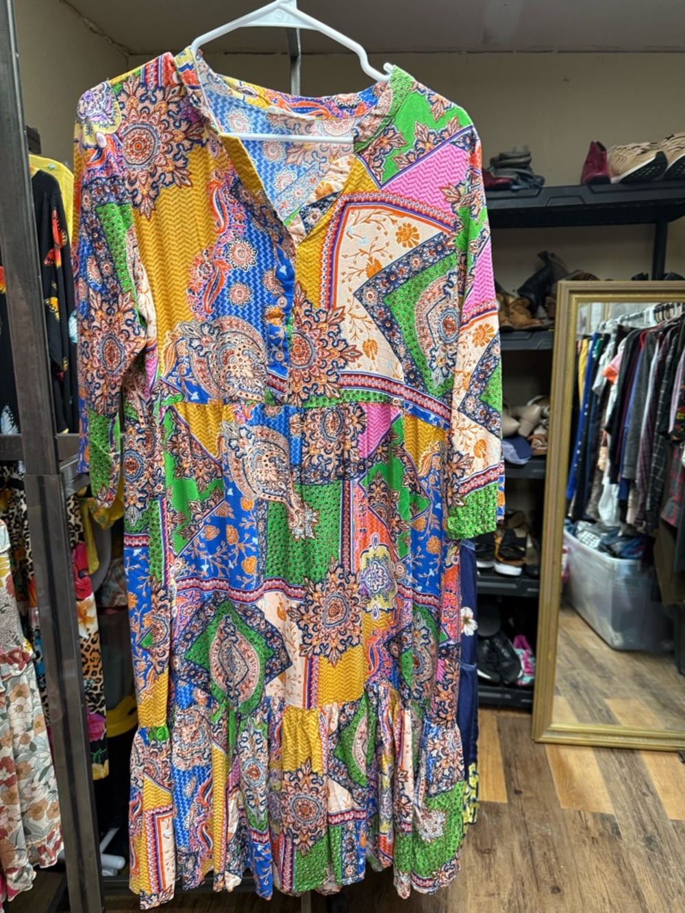Multicolor Patchwork Midi Dress with Paisley Print